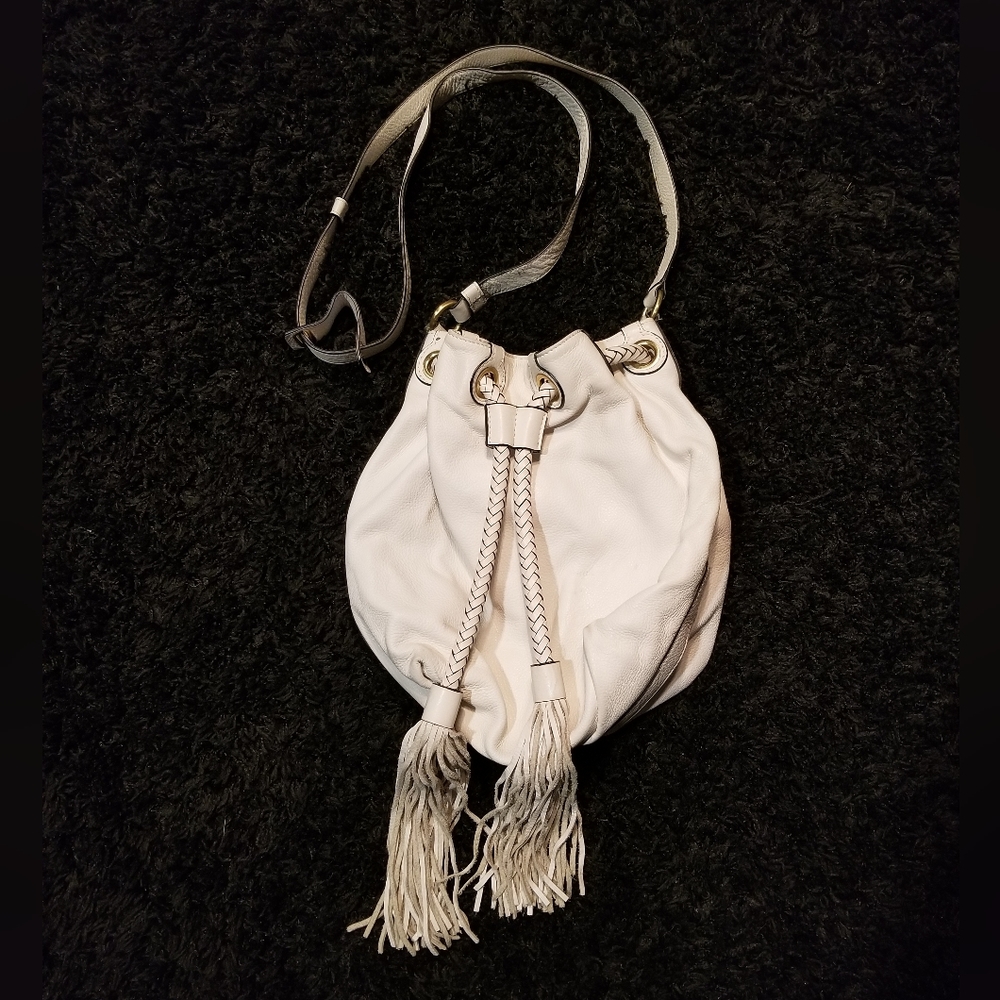 Diane Von Furstenburg White Leather Drawstring Penny Bucket Bag